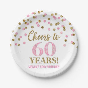 Gold Pink Confetti Cheers to 60 Years Birthday Paper Plate