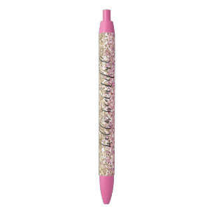 Gold Pink Confetti Glitter Personalised Black Ink Pen