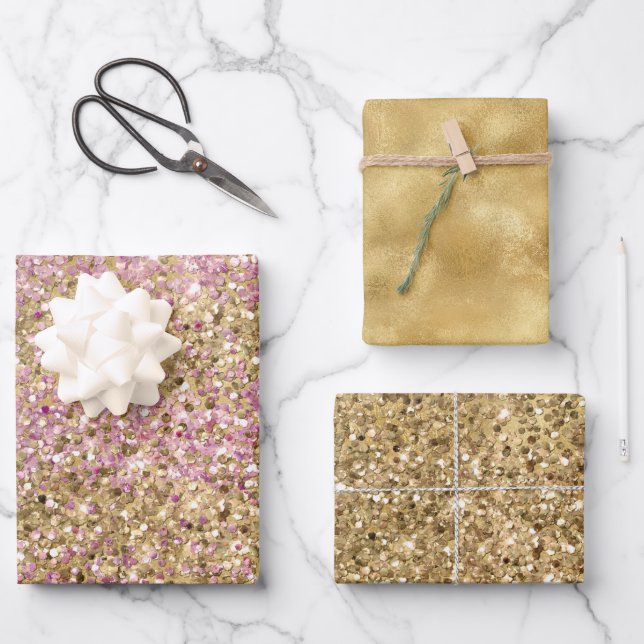 Gold Pink Confetti Glitter   Wrapping Paper Sheet (Front)