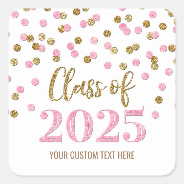 Gold Pink Confetti Graduation 2025 Square Sticker (Front)