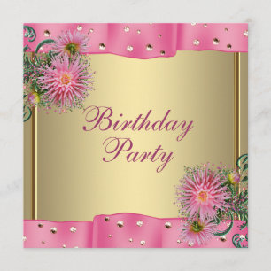 Gold Pink Dahlia Womans Birthday Party Invitation