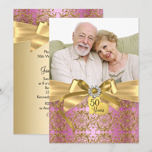 Gold Pink Damask & Bow Photo 50th Anniversary Invitation (Front/Back)