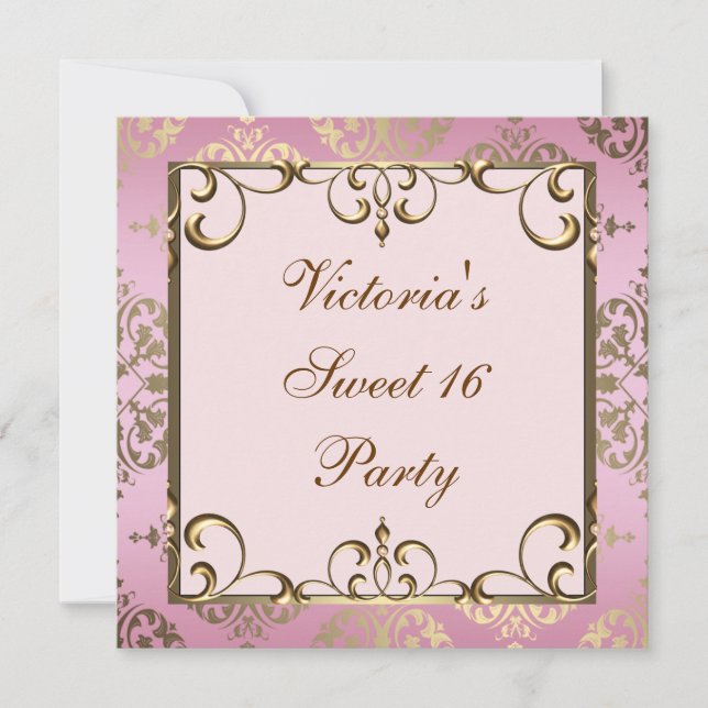 Gold Pink Damask Sweet 16 Birthday Party Invitation (Front)