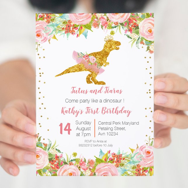Gold Pink Dinosaur First Birthday Invitation (Creator Uploaded)