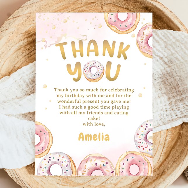 Gold Pink Doughnut Girl Birthday Thank You Card (Creator Uploaded)