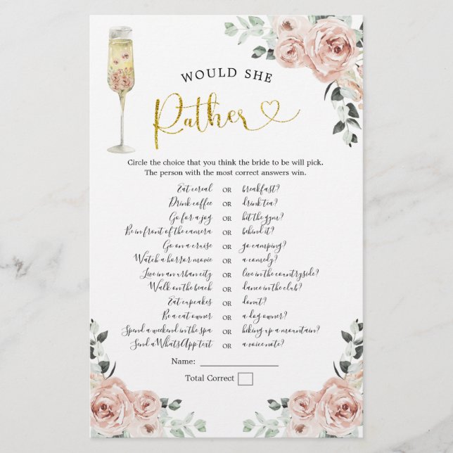 Gold Pink Dusty Rose Soiree Would She Rather Game (Front)