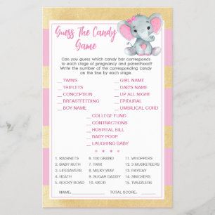Gold Pink Elephant Guess The Candy Baby ShowerGame Flyer