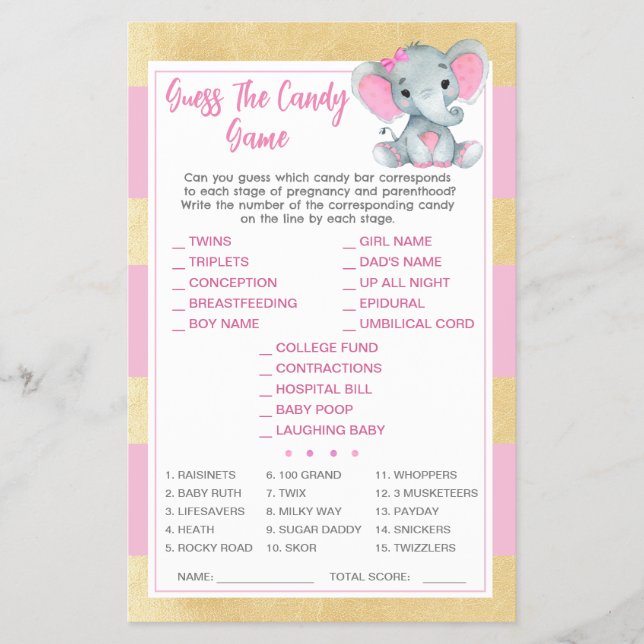 Gold Pink Elephant Guess The Candy Baby ShowerGame Flyer (Front)
