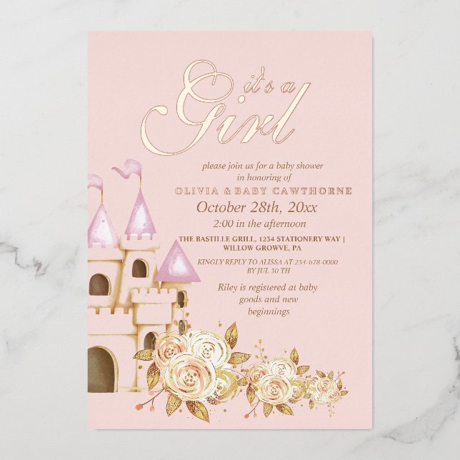  Gold & Pink Fairytale Princess Baby Shower (Front)