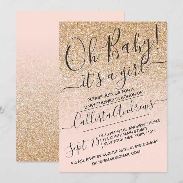 Gold Pink Faux Sparkly Glitter Ombre Baby Shower Invitation (Front/Back)