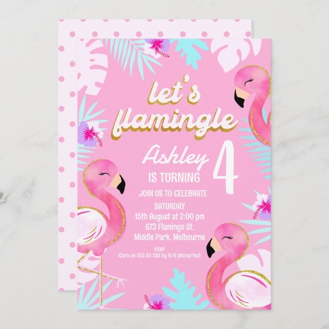 Gold Pink Flamingo Let's Flamingle Birthday Invitation (Front/Back)
