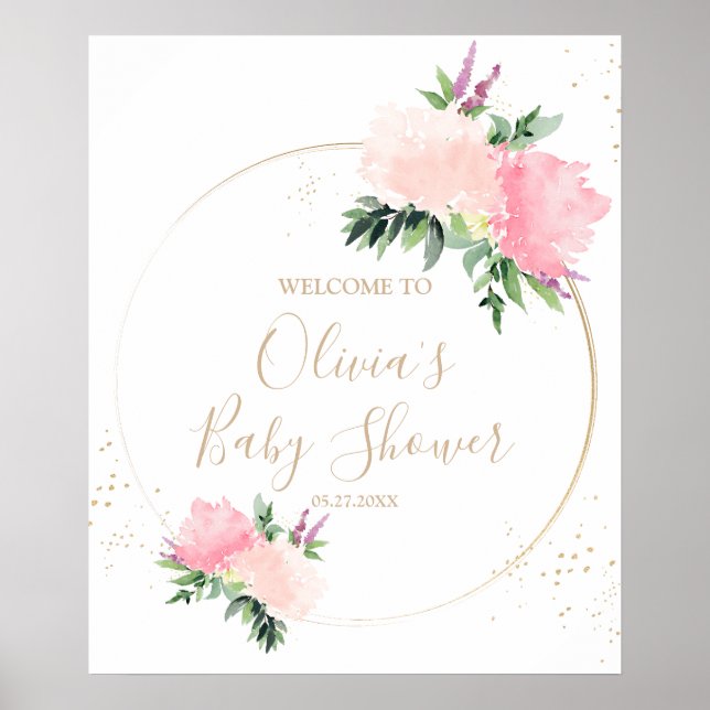 Gold Pink Floral Baby Shower Welcome Poster (Front)