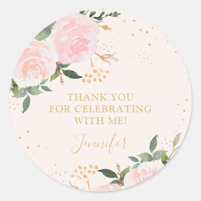 Gold Pink Floral Birthday Classic Round Sticker (Front)