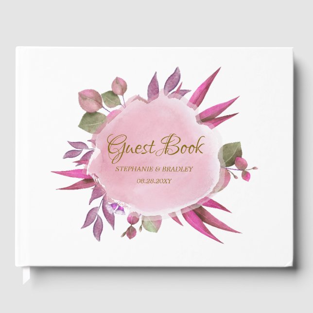 Gold Pink Floral Botanical Modern Elegant Wedding Guest Book (Front)