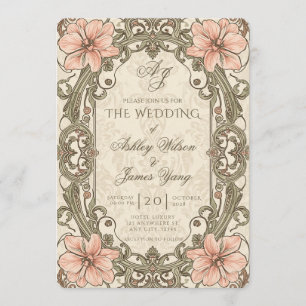 Gold Pink Floral Botanical Wedding Invitation