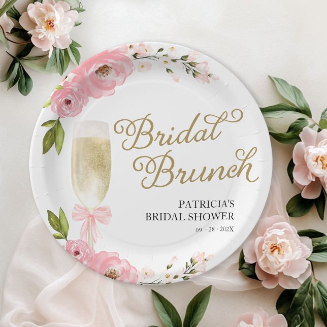 Gold Pink Floral Bridal Brunch Bridal Shower Paper Plate (Creator Uploaded)