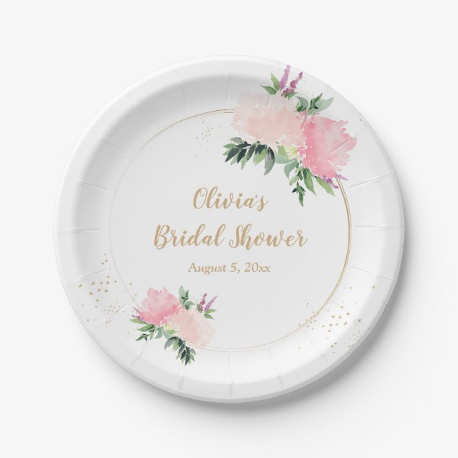 Gold Pink Floral Bridal Shower Paper Plate (Front)