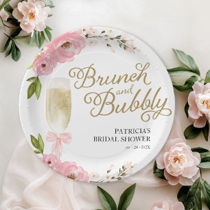 Gold Pink Floral Brunch And Bubbly Bridal Shower Paper Plate