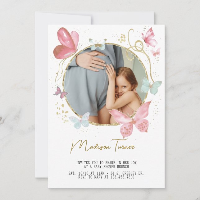 Gold Pink Floral Butterfly Baby Shower Photo  Invitation (Front)