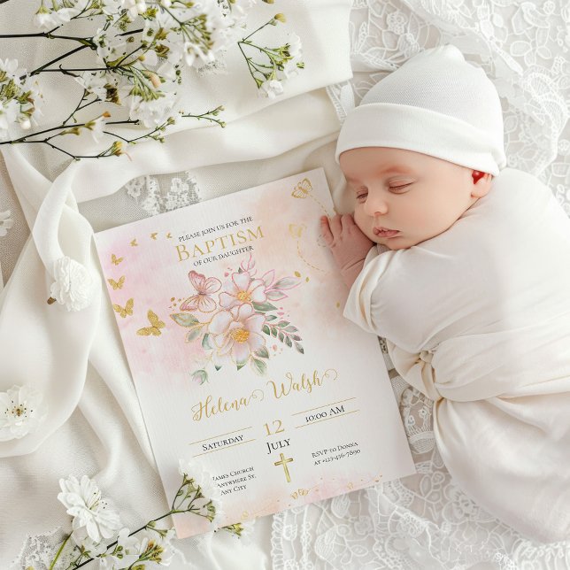 Gold Pink Floral Butterfly Baptism Christening Invitation (Creator Uploaded)