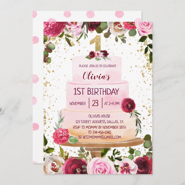 Gold & Pink Floral Cake 1st Birthday Invitation (Front/Back)