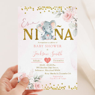 Gold Pink Floral Elephant Es niña Baby Shower Invitation