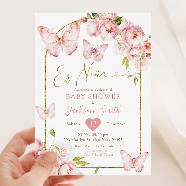 Gold Pink Floral Es Nina Butterfly Baby Shower Invitation (Creator Uploaded)