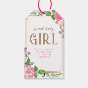 Gold Pink Floral Girl Baby Shower Frame Gift Tags