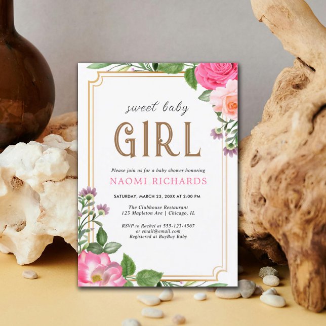 Gold Pink Floral Girl Baby Shower Frame Invitation (Creator Uploaded)