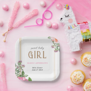 Gold Pink Floral Girl Baby Shower Frame Paper Plate