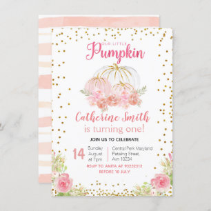 Gold Pink Floral Gold Pumpkin 1st Birthday Invitation