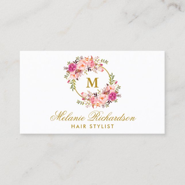 Gold Pink Floral Hair Stylist Appointment Card M (Front)