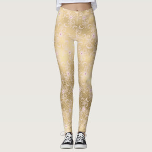 Gold Pink Floral Lace Leggings