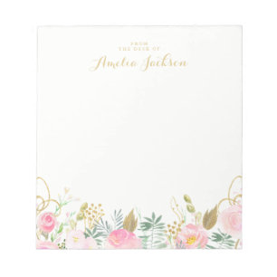 Gold Pink Floral Personalised Stationery Notepad
