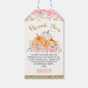 Gold Pink Floral Pumpkin Birthday Favour Tag