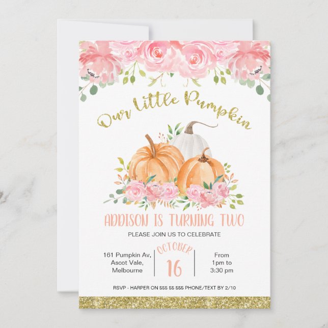 Gold Pink Floral Pumpkin Birthday Invitation (Front)