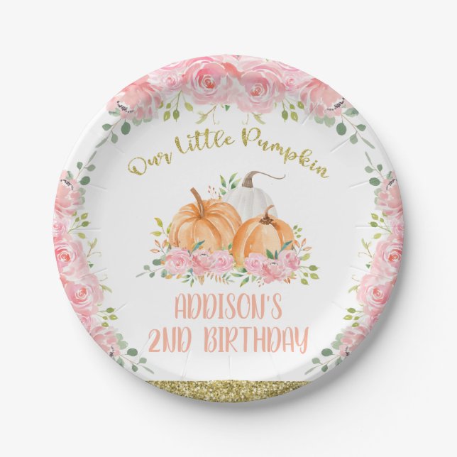 Gold Pink Floral Pumpkin Birthday Party  Paper Plate (Front)