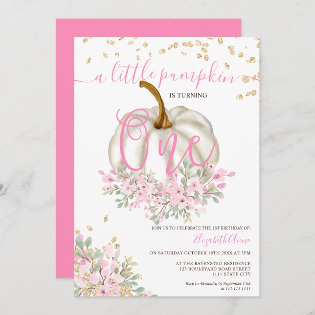 gold pink floral pumpkin watercolor first birthday invitation (Front/Back)