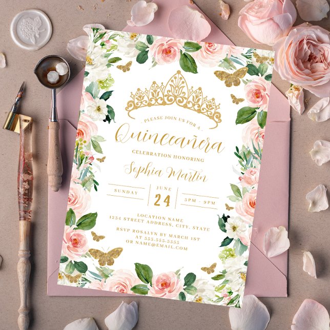 Gold Pink Floral Tiara Butterfly Quinceanera  Invitation (Creator Uploaded)