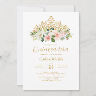 Gold Pink Floral Tiara Quinceanera  Invitation