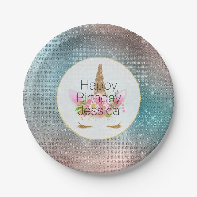Gold Pink Floral Unicorn Birthday Paper Plate (Front)