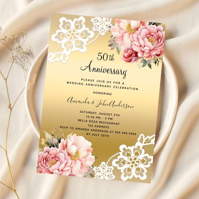 Gold pink florals 50th wedding anniversary invitation (Creator Uploaded)