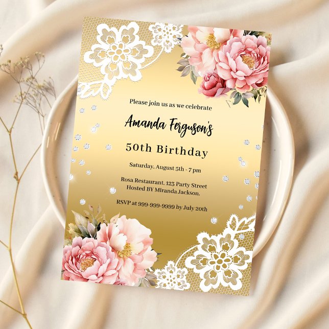 Gold pink florals luxury 50th birthday invitation (Creator Uploaded)