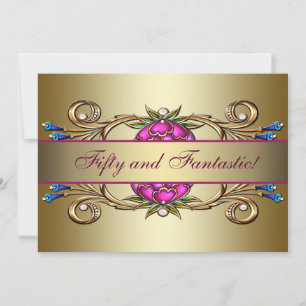 Gold Pink Flower Womans 50th Birthday Party Invitation