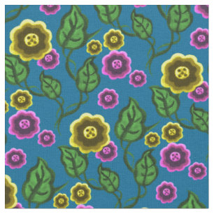 Gold/pink flowers/green leaves/Folk floral/blue Fabric