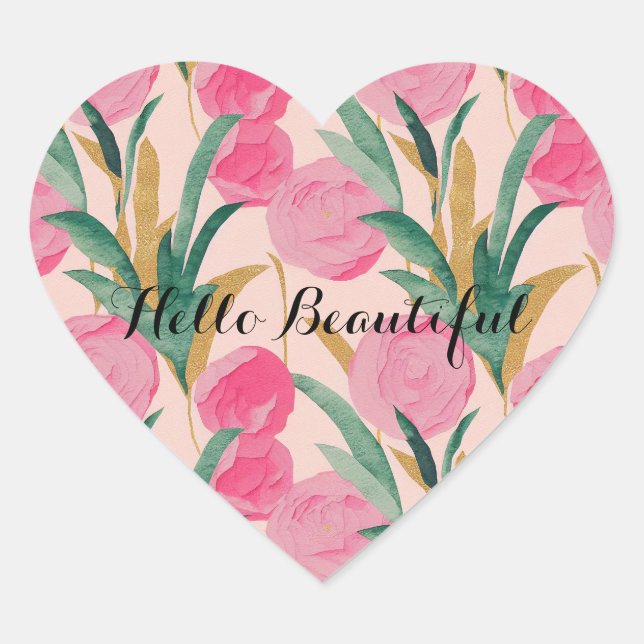 Gold Pink Flowers Heart Sticker (Front)