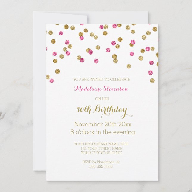 Gold Pink Fuchsia Confetti  50th Birthday Party Invitation (Back)