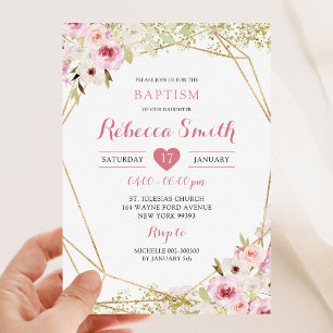 Gold Pink Geometric Floral Girl Baptism Invitation
