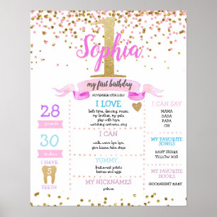 Gold Pink Girl First Birthday Milestone Poster
