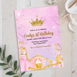 Gold Pink Girl Princess Carriage First Birthday Invitation
